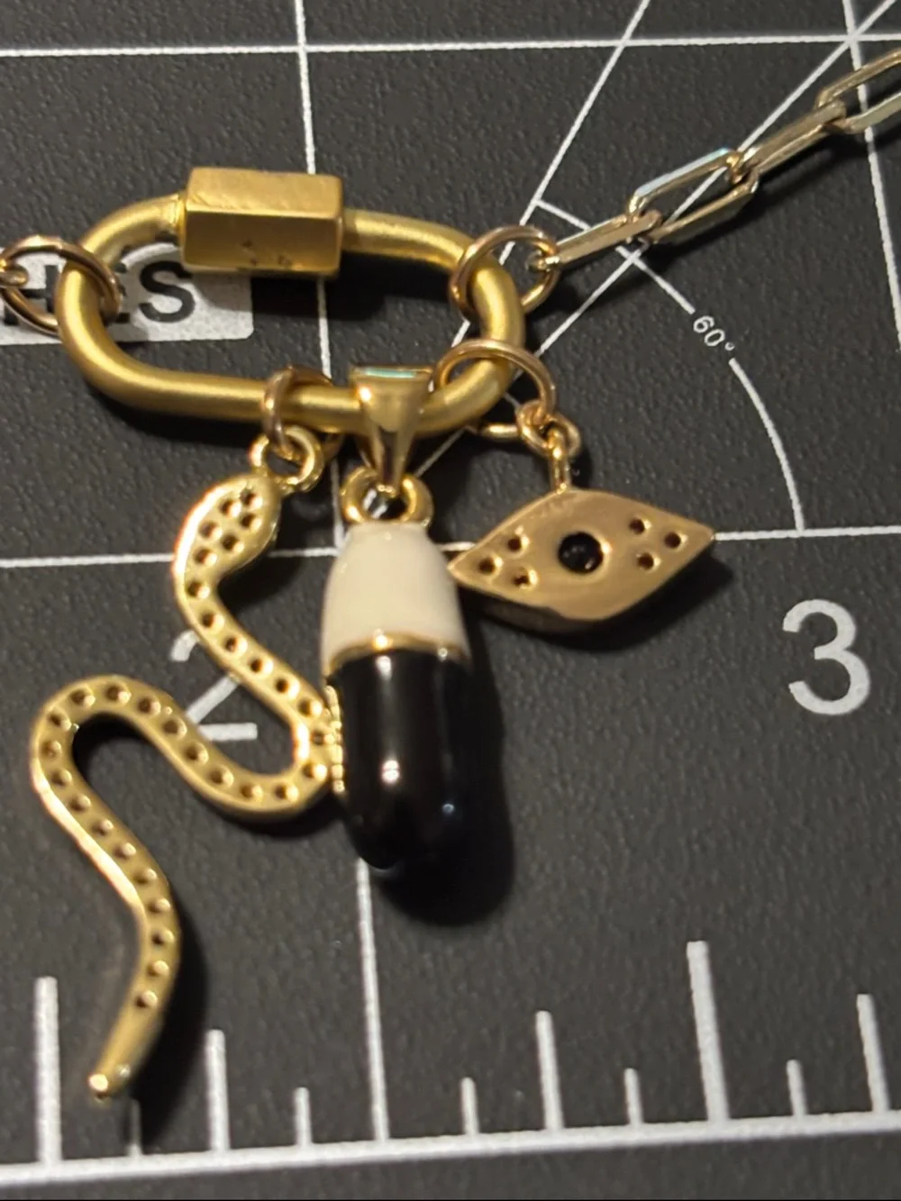 Carabiner Charm Necklace By Farah‎ B.  Happy Pill,Rhinestone Snake & Eye Charms